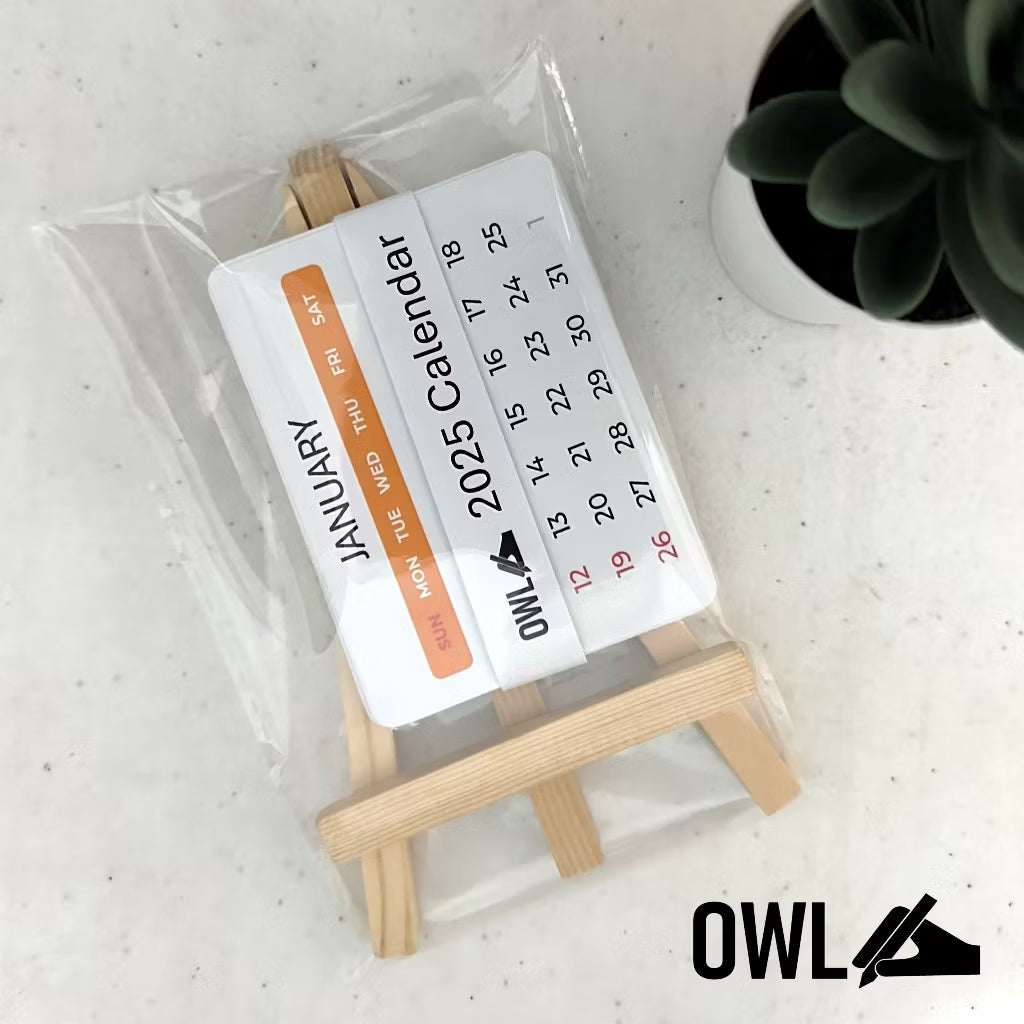 OWL MINI DESK CALENDAR WITH WOODEN BAMBOO STAND - CAN BE PERSONALIZED