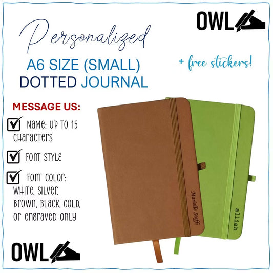 Owl A6 DOTTED Small Mini Personalized Pocket Journals Paper Notes With Garter Lock And Back Pocket