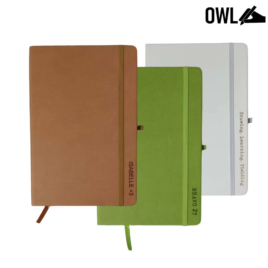 OWL DOTTED Premium Personalized Pu Leather Notebooks High Quality Debossed With Pen Holder 100 Gsm
