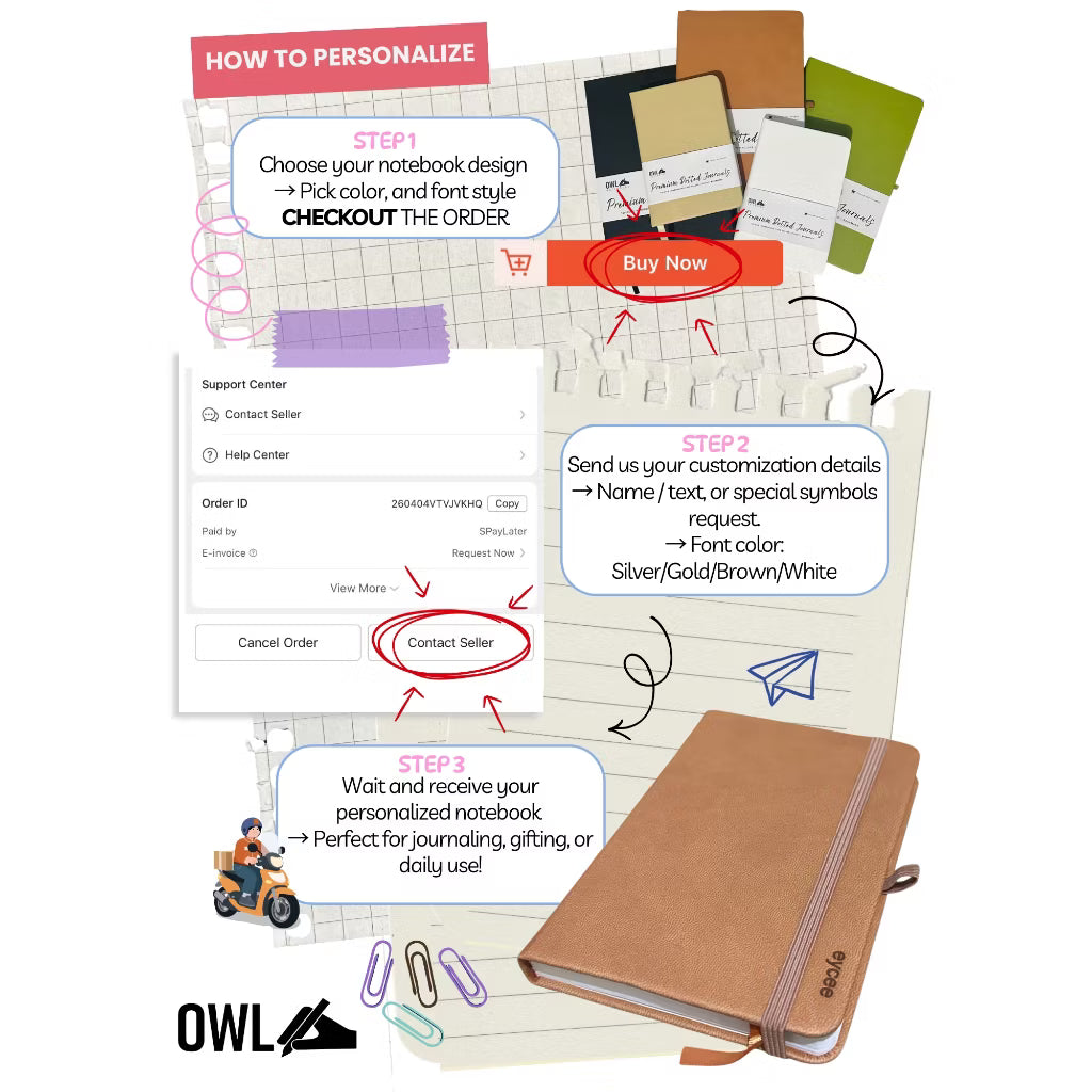 OWL DOTTED Premium Personalized Pu Leather Notebooks High Quality Debossed With Pen Holder 100 Gsm