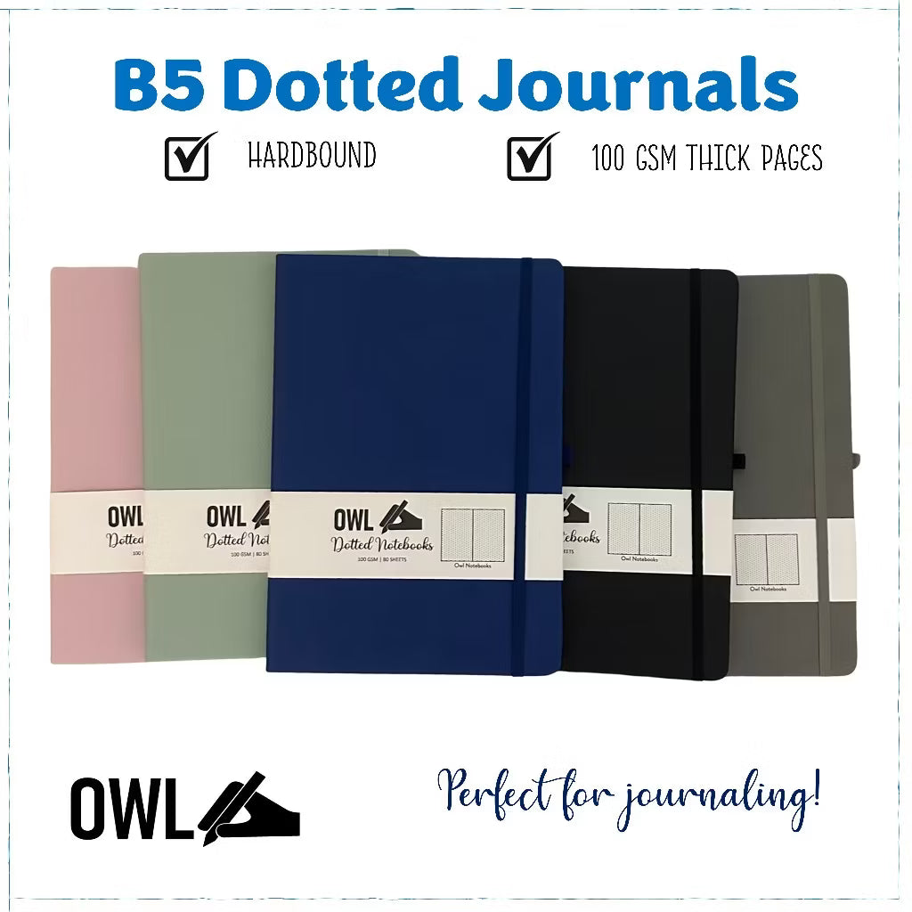OWL Notebooks B5 Hard Bound PU Leather Journals - Dotted Paper Notes with Pen Holder and back pocket