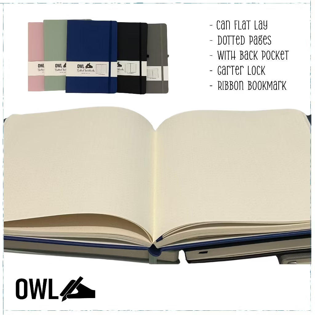 OWL Notebooks B5 Hard Bound PU Leather Journals - Dotted Paper Notes with Pen Holder and back pocket