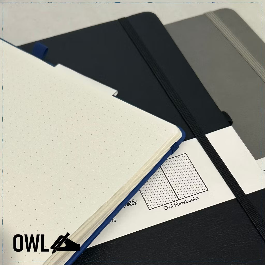 OWL Notebooks B5 Hard Bound PU Leather Journals - Dotted Paper Notes with Pen Holder and back pocket