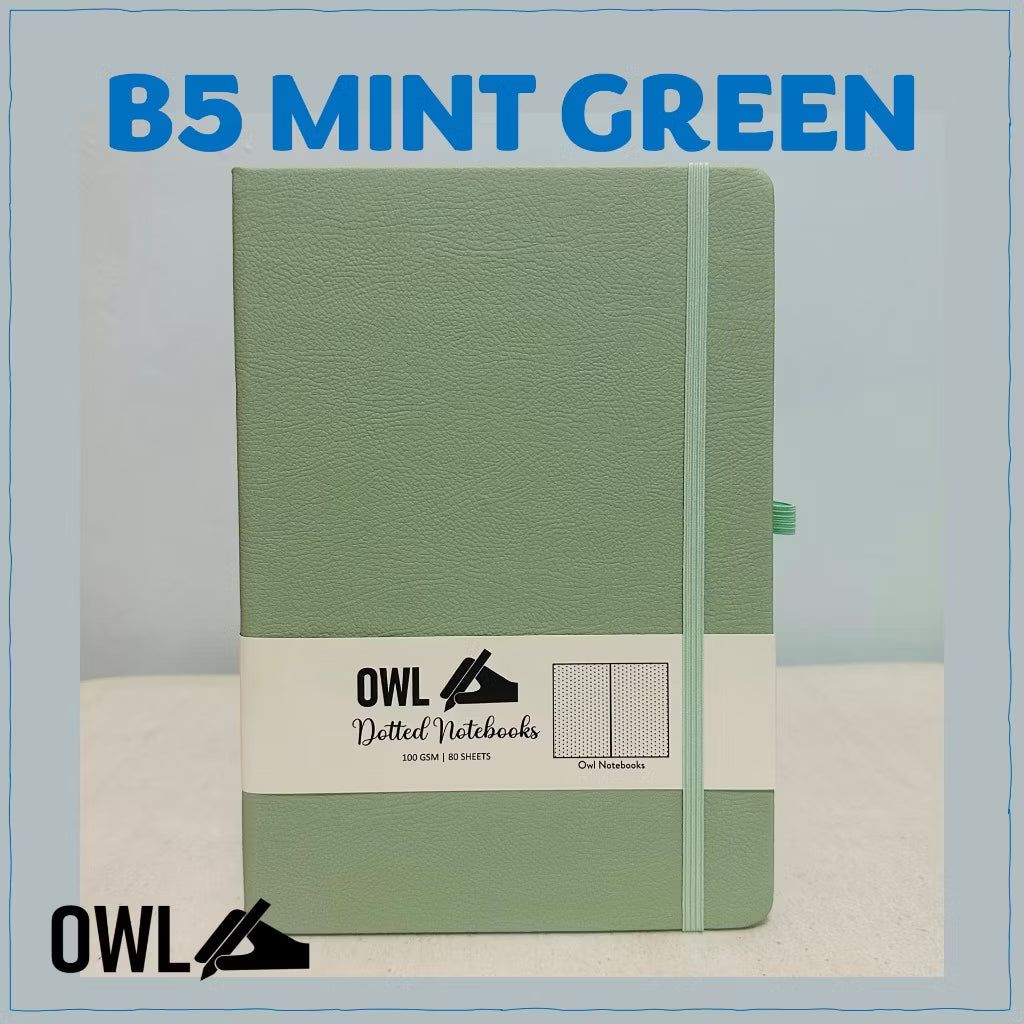 OWL Notebooks B5 Hard Bound PU Leather Journals - Dotted Paper Notes with Pen Holder and back pocket