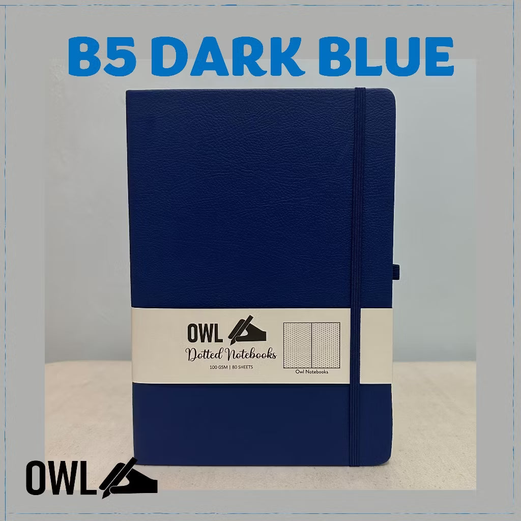 OWL Notebooks B5 Hard Bound PU Leather Journals - Dotted Paper Notes with Pen Holder and back pocket