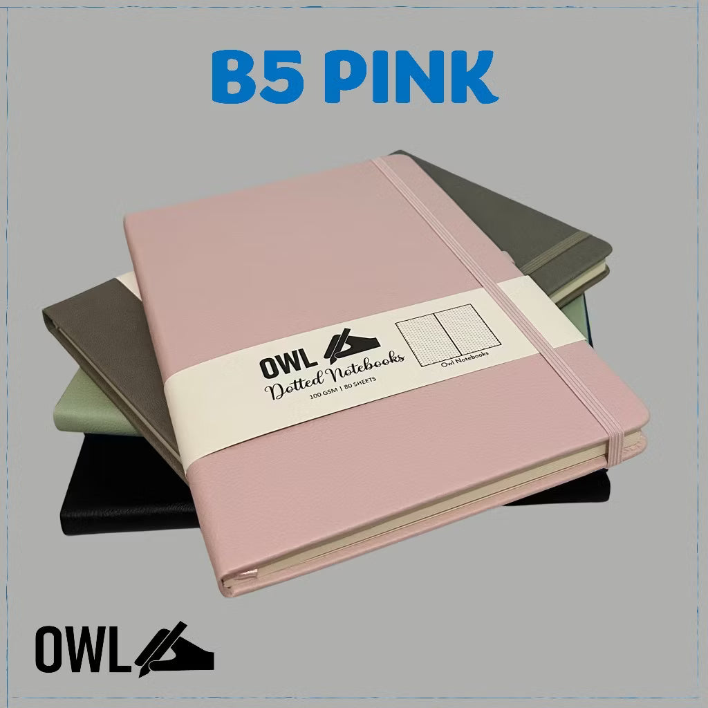 OWL Notebooks B5 Hard Bound PU Leather Journals - Dotted Paper Notes with Pen Holder and back pocket