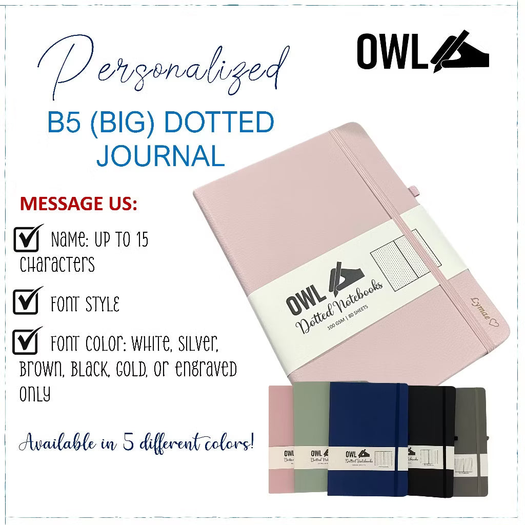 OWL Notebooks Personalized B5 BIG SIZE LEATHER JOURNALS with Dotted pages 100 GSM Paper Notes