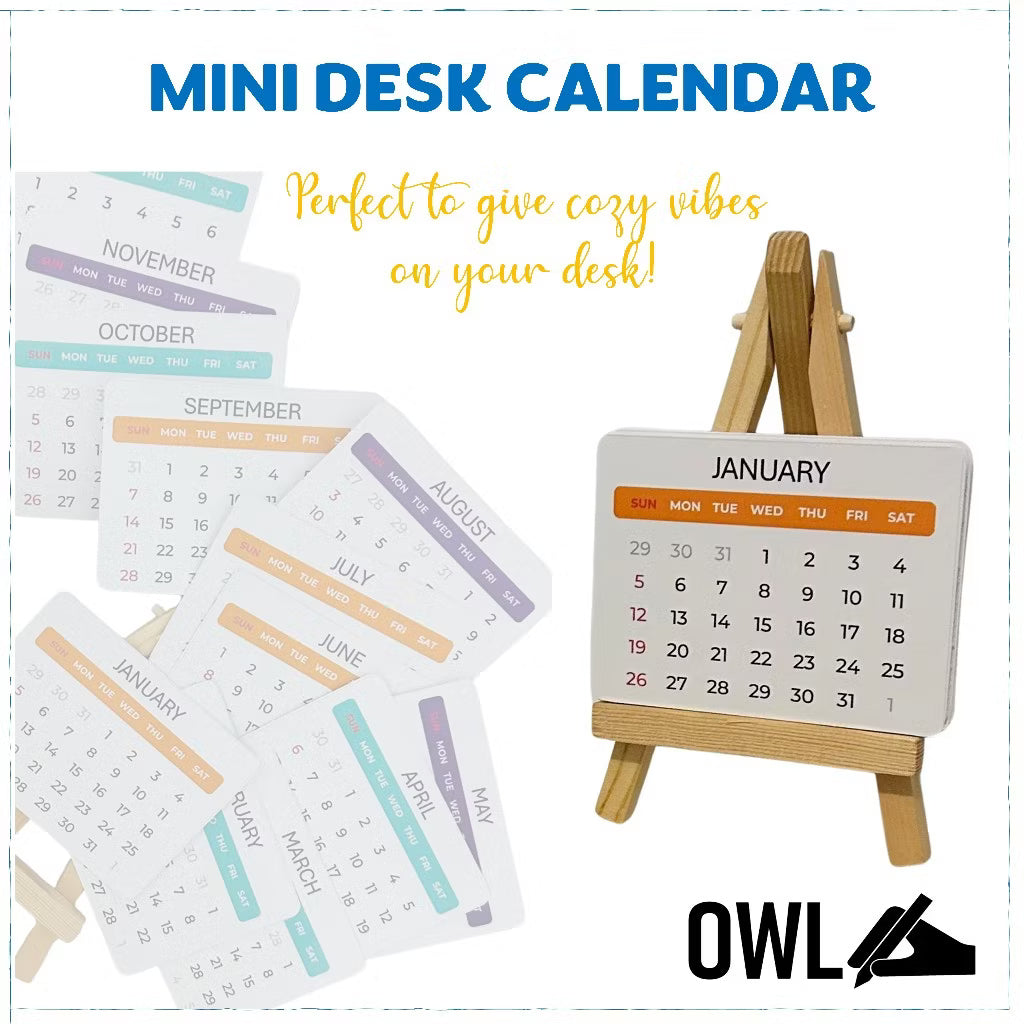 OWL MINI DESK CALENDAR WITH WOODEN BAMBOO STAND - CAN BE PERSONALIZED