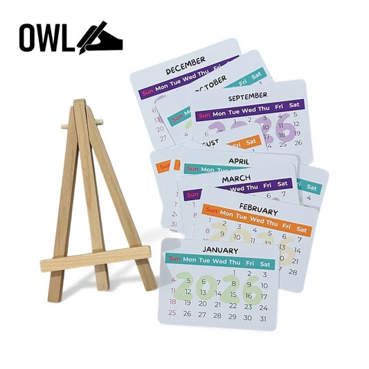 OWL MINI DESK CALENDAR WITH WOODEN BAMBOO STAND - CAN BE PERSONALIZED