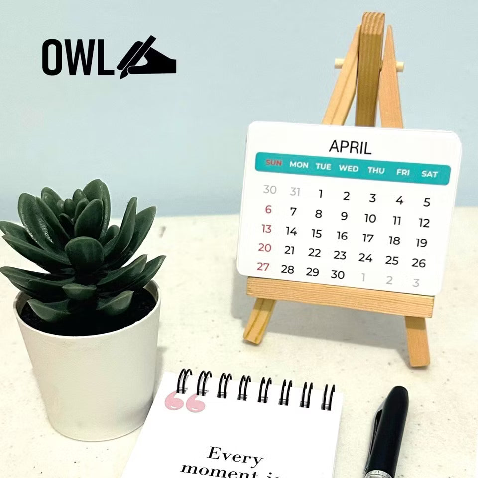 OWL MINI DESK CALENDAR WITH WOODEN BAMBOO STAND - CAN BE PERSONALIZED