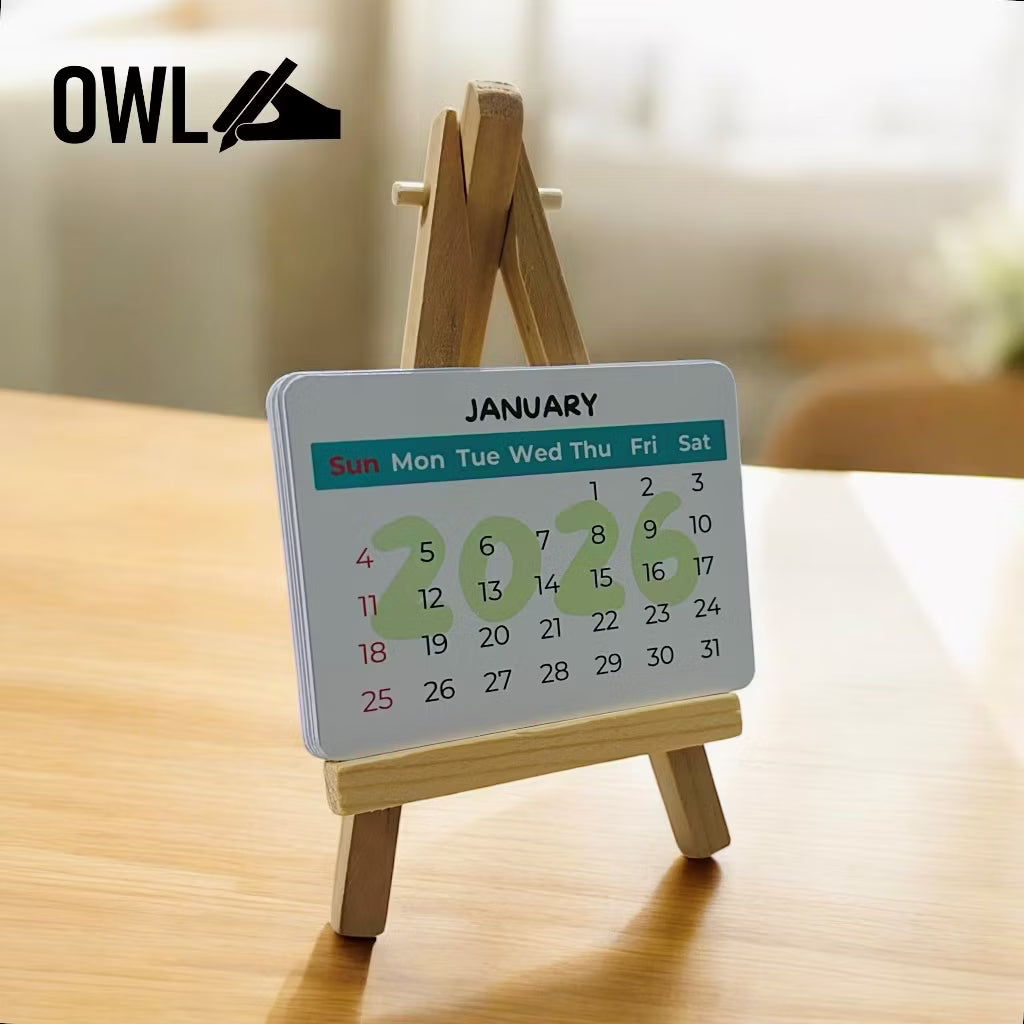 OWL MINI DESK CALENDAR WITH WOODEN BAMBOO STAND - CAN BE PERSONALIZED