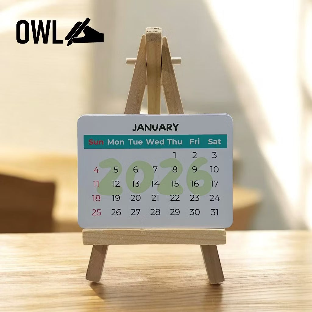 OWL MINI DESK CALENDAR WITH WOODEN BAMBOO STAND - CAN BE PERSONALIZED