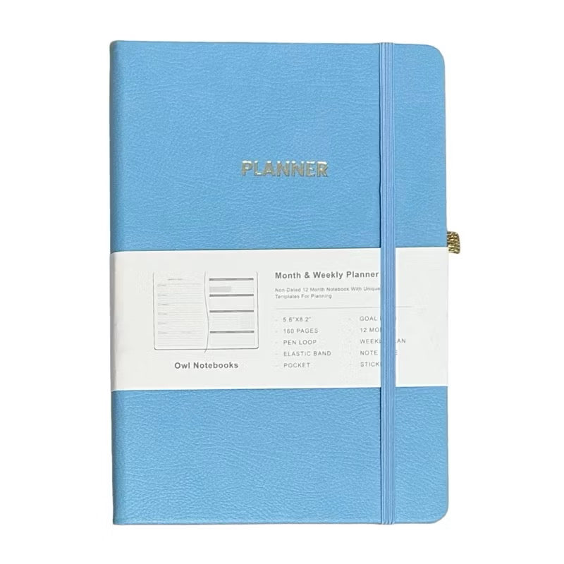 OWL Undated Planner With Free Stickers Yearly Monthly Daily 100Gsm Leather Hardbound