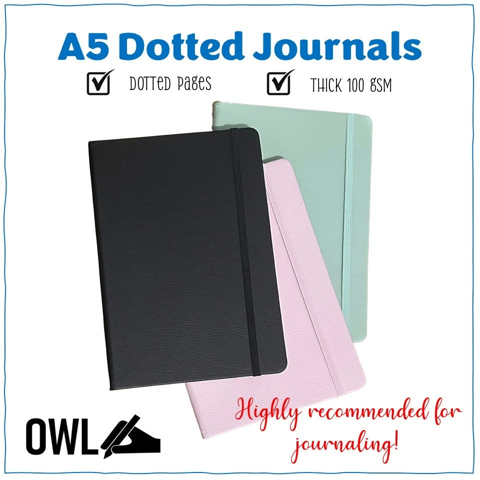 OWL Notebooks A5 Hard Bound PU Leather Journals - Dotted Paper Notes 100 GSM pages