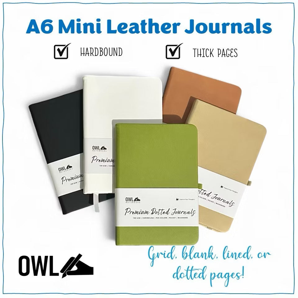 OWL NOTEBOOKS A6 SMALL BLANK / DOT / GRID 100 GSM Mini Sketch Journal Stationary Hard Bound PU Leather