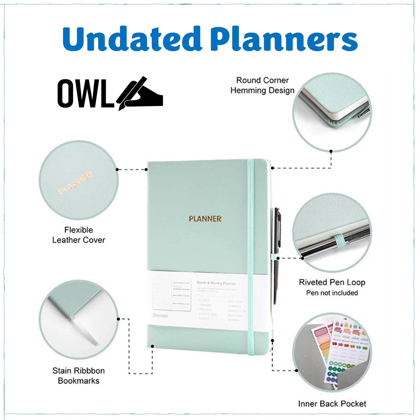 OWL Undated Planner With Free Stickers Yearly Monthly Daily 100Gsm Leather Hardbound