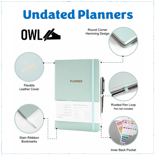 OWL Undated Planner With Free Stickers Yearly Monthly Daily 100Gsm Leather Hardbound