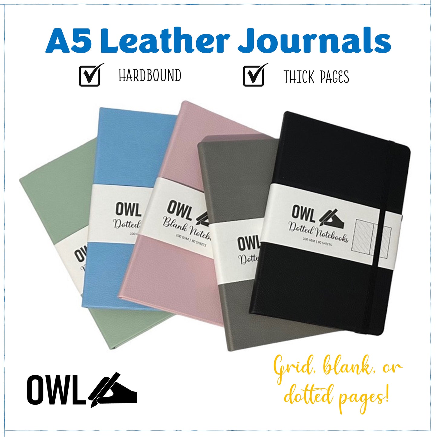 OWL Notebooks Hard Bound PU Leather Journals A5 size
